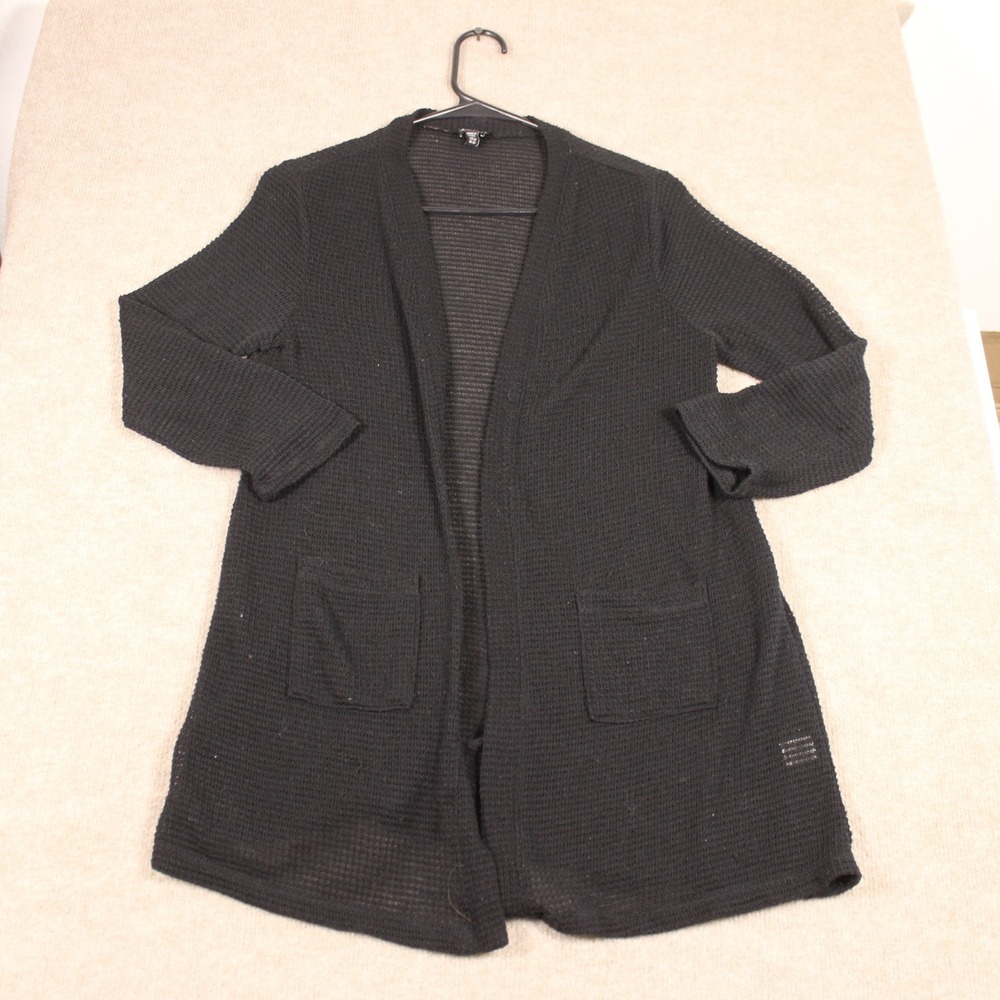 Lilt Womens Black Waffle Knit Open Front Cardigan Sweater Pockets Size L